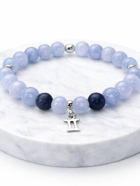 Gemini Blue Lace Agate Lapiz Lazuli Bracelet Silver Zodiac Charm Beaded Jewelry